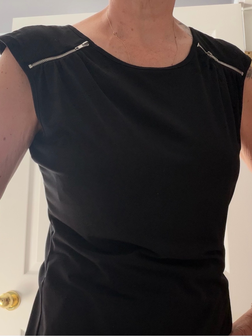 Calvin Klein Black Cap-Sleeve Top with Silver Zip Accents